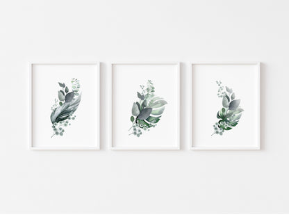 Set of 3 plain botanical greenery bouquets unframed prints