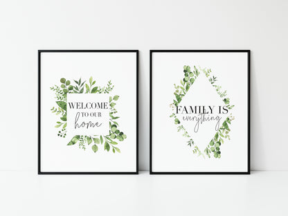 Set of 2 botanical watercolour Welcome to our home+Family is everything unframed prints