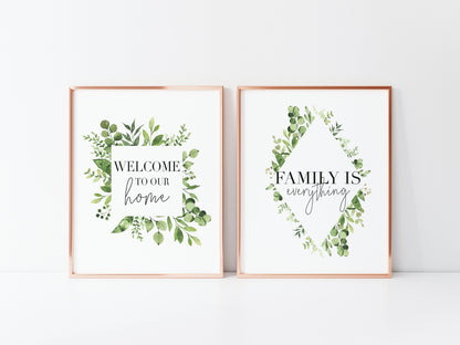 Set of 2 botanical watercolour Welcome to our home+Family is everything unframed prints