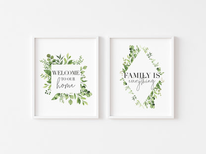 Set of 2 botanical watercolour Welcome to our home+Family is everything unframed prints