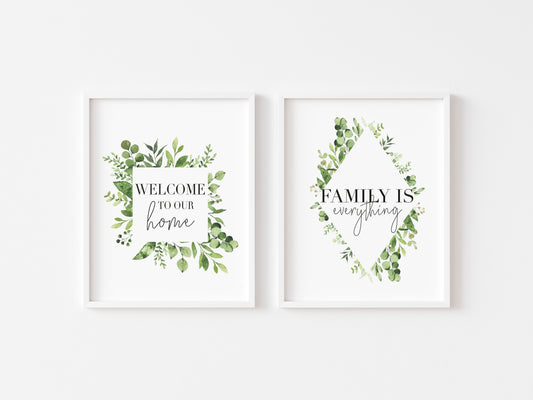 Set of 2 botanical watercolour Welcome to our home+Family is everything unframed prints