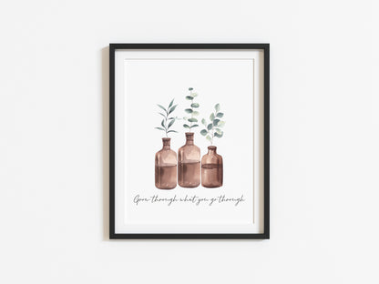 Grow through what you go through watercolour bottled plants style unframed print