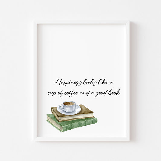 Happiness is a cup of coffee and a good watercolour stack of books unframed wall art poster print