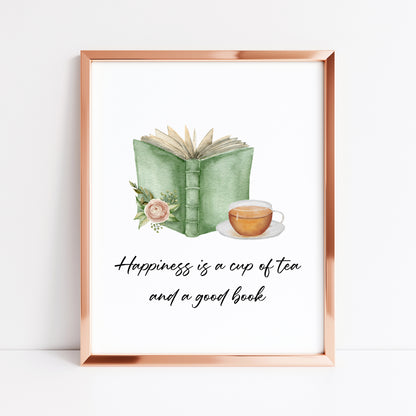 Happiness is a cup of tea and a good watercolour green book and roses unframed wall art poster print