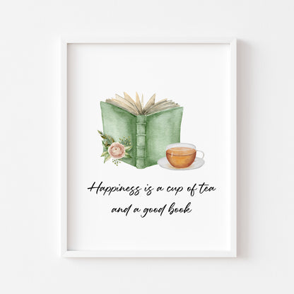 Happiness is a cup of tea and a good watercolour green book and roses unframed wall art poster print