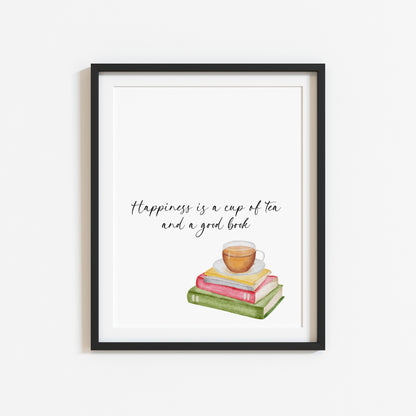 Happiness is a cup of tea and a good watercolour stack of books unframed wall art poster print