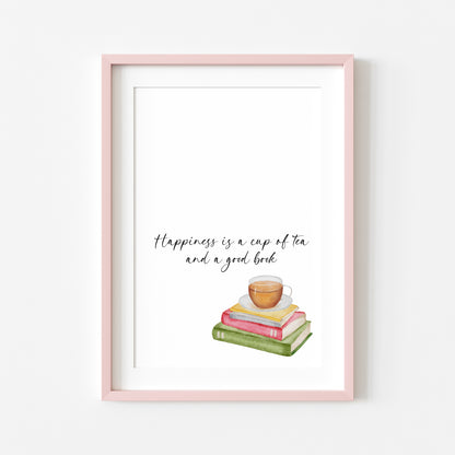 Happiness is a cup of tea and a good watercolour stack of books unframed wall art poster print