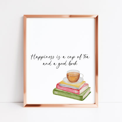 Happiness is a cup of tea and a good watercolour stack of books unframed wall art poster print