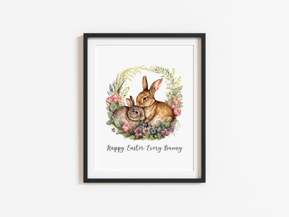 Happy Easter Every Bunny watercolour floral wreath and Bunny spring seasonal unframed wall art poster print