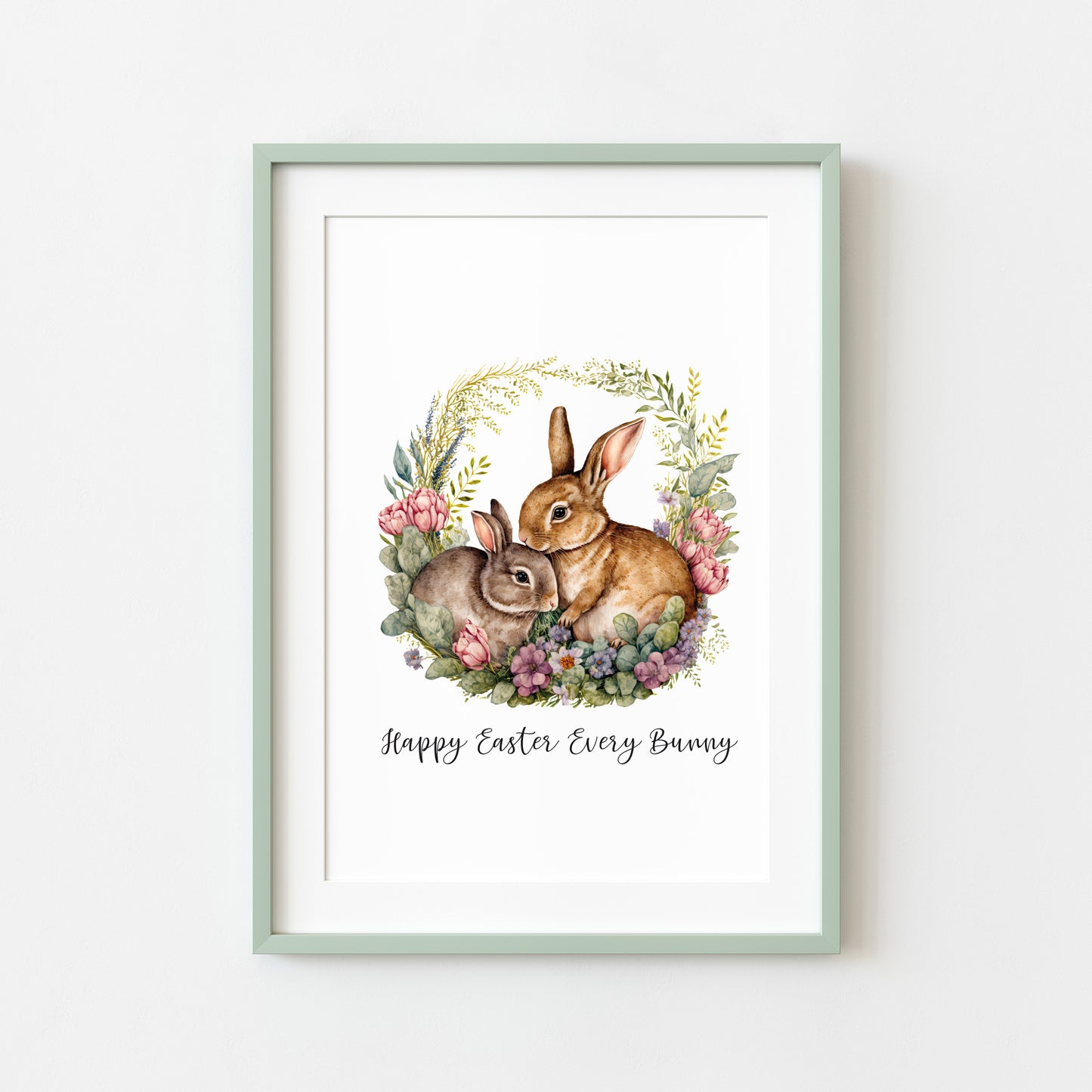 Happy Easter Every Bunny watercolour floral wreath and Bunny spring seasonal unframed wall art poster print