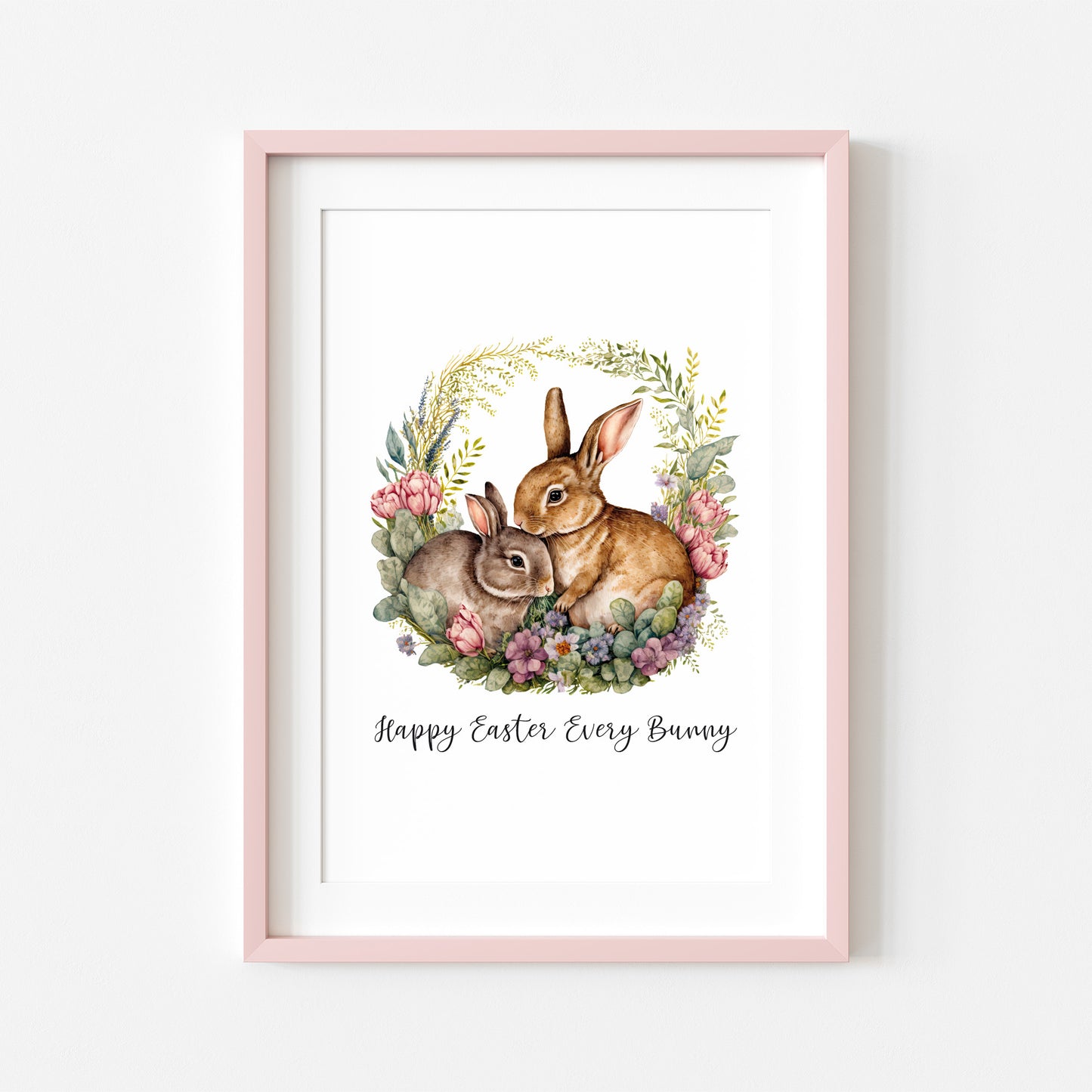 Happy Easter Every Bunny watercolour floral wreath and Bunny spring seasonal unframed wall art poster print