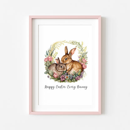 Happy Easter Every Bunny watercolour floral wreath and Bunny spring seasonal unframed wall art poster print