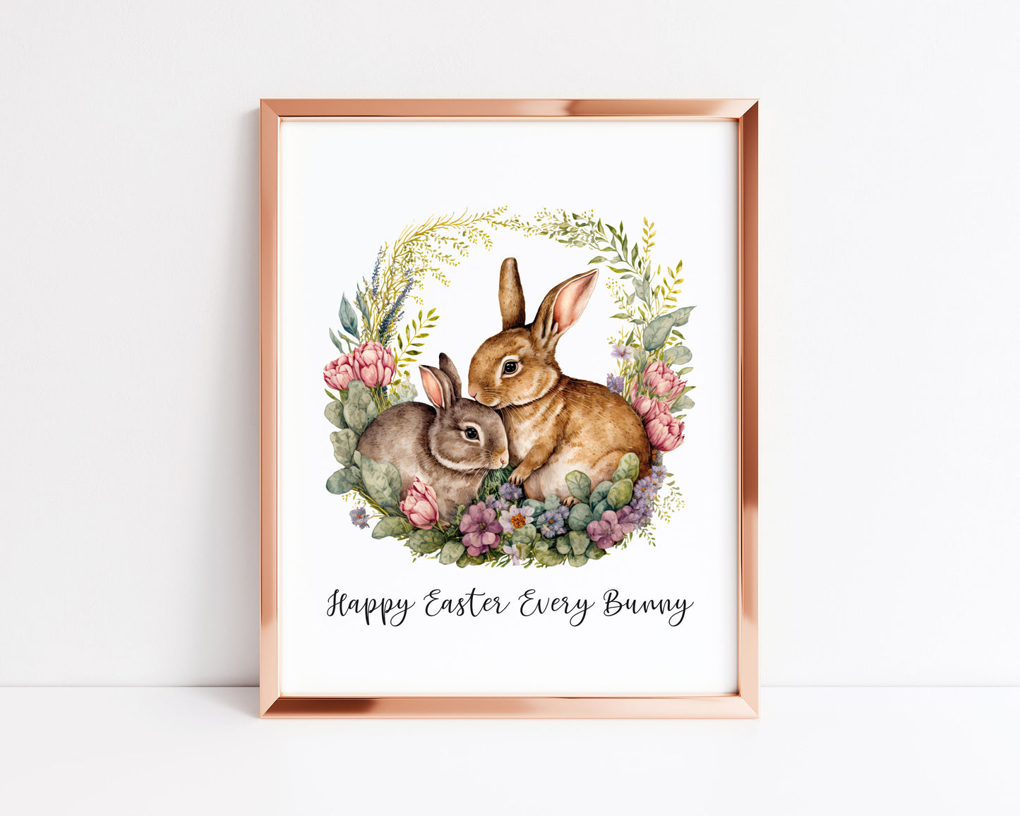 Happy Easter Every Bunny watercolour floral wreath and Bunny spring seasonal unframed wall art poster print