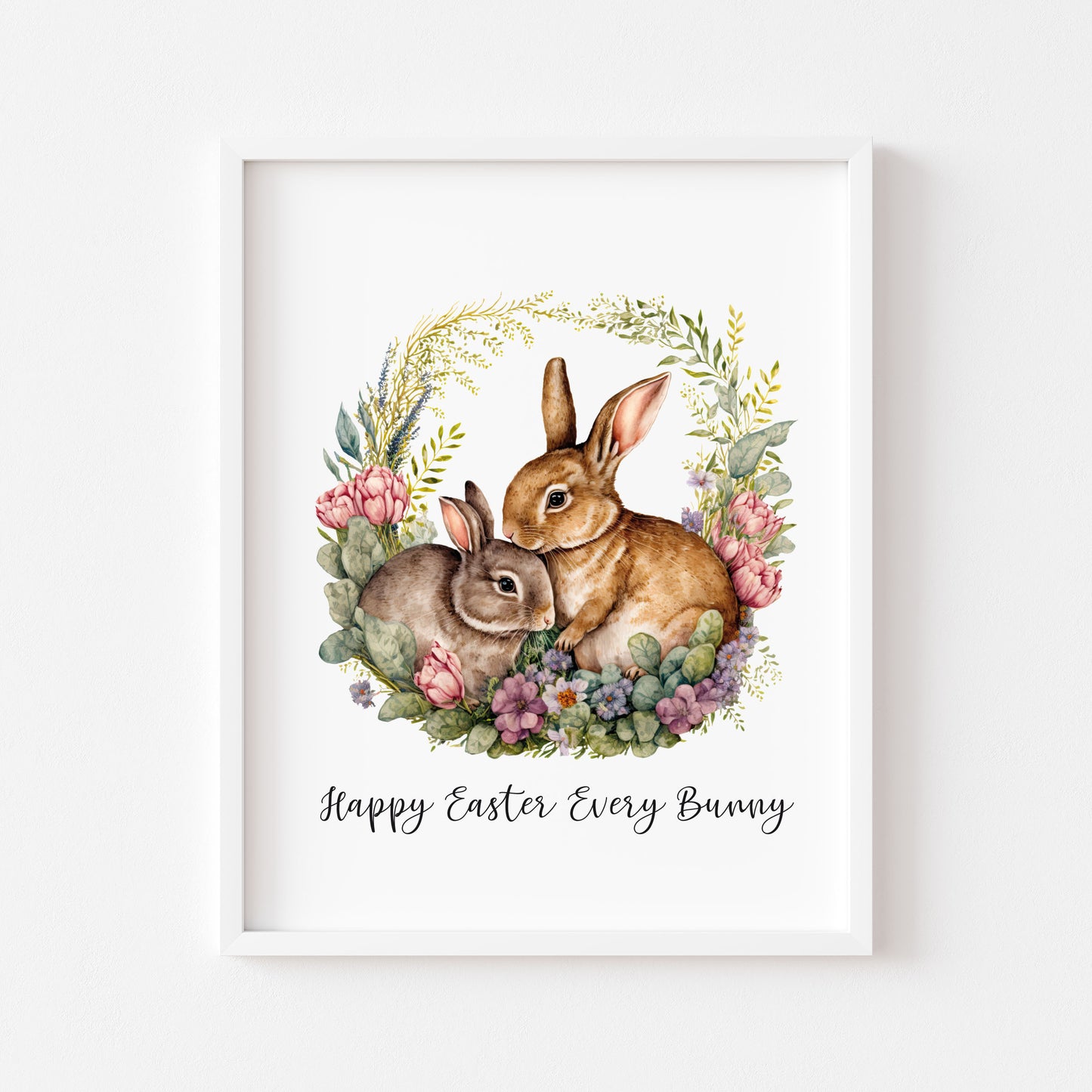 Happy Easter Every Bunny watercolour floral wreath and Bunny spring seasonal unframed wall art poster print