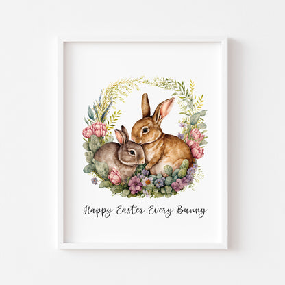 Happy Easter Every Bunny watercolour floral wreath and Bunny spring seasonal unframed wall art poster print