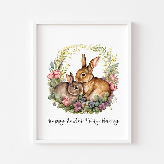 Happy Easter Every Bunny watercolour floral wreath and Bunny spring seasonal unframed wall art poster print