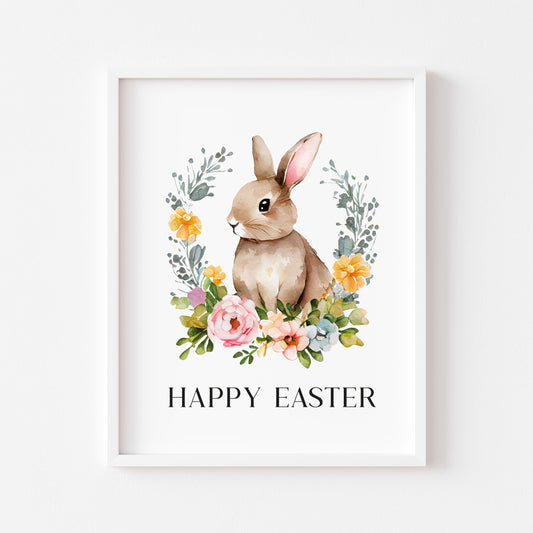 Happy Easter watercolour floral wreath and Bunny spring seasonal unframed wall art poster print