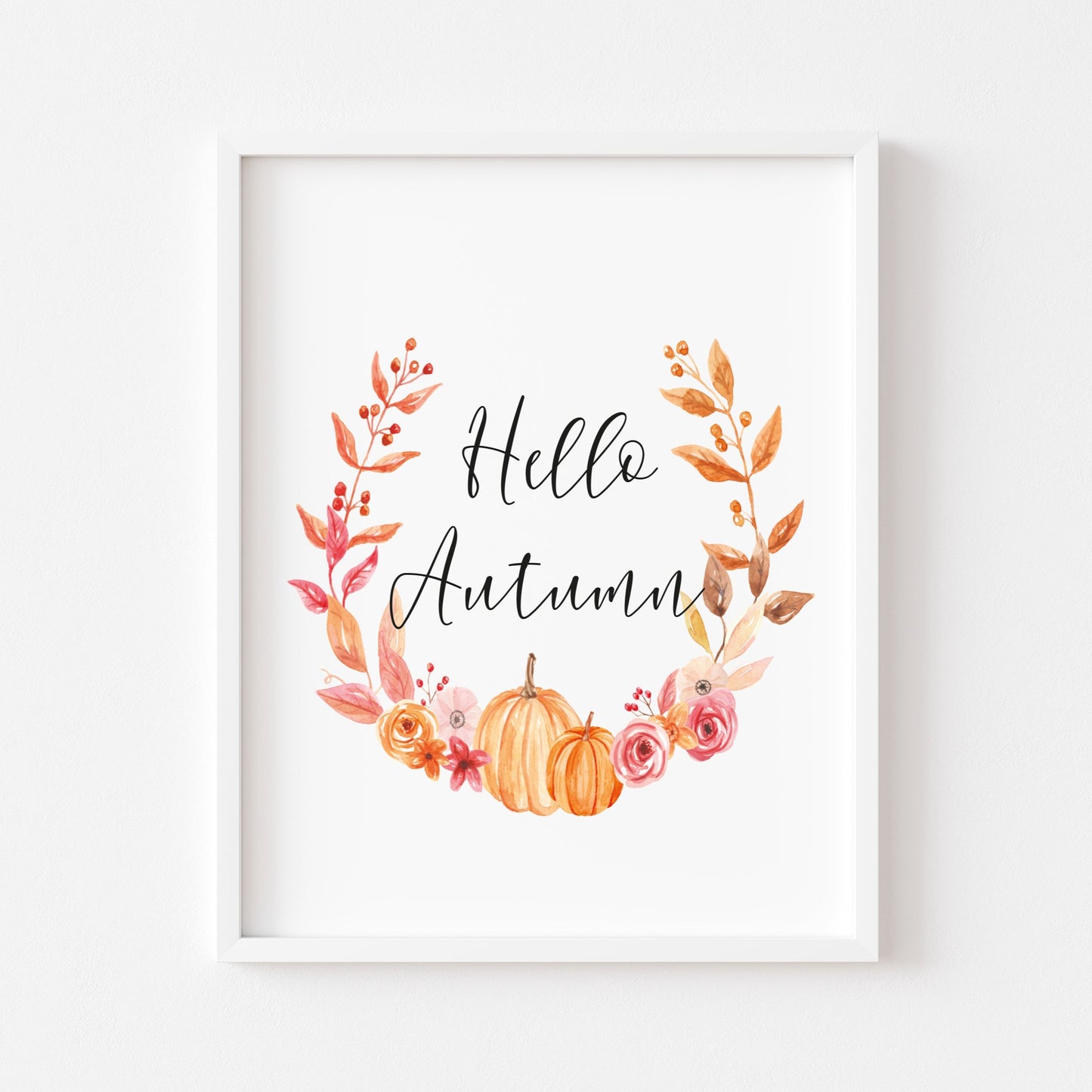 Hello Autumn orange pumpkin foliage watercolour seasonal unframed wall art poster print