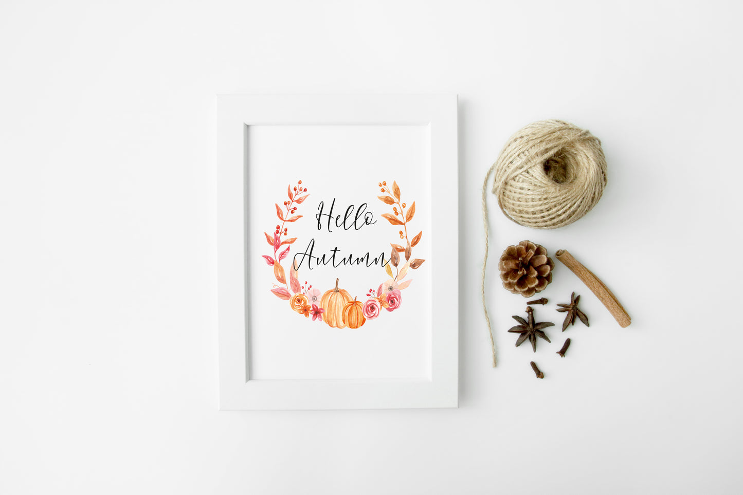 Hello Autumn orange pumpkin foliage watercolour seasonal unframed wall art poster print