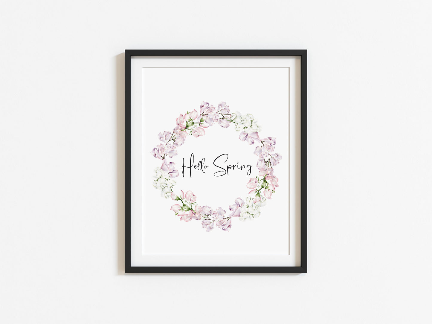 Hello spring light pink floral wreath bouquet illustration unframed wall art poster print