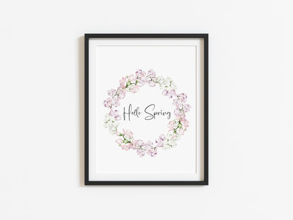 Hello spring light pink floral wreath bouquet illustration unframed wall art poster print