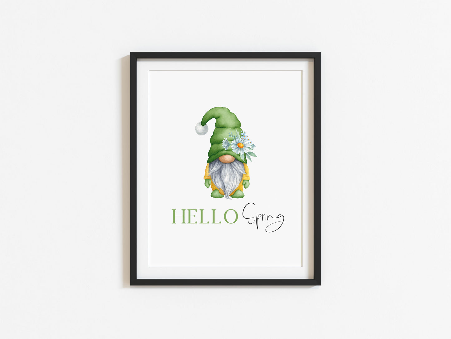 Hello spring yellow & green Daisy Gonk gnome seasonal spring wall art seasonal unframed poster print