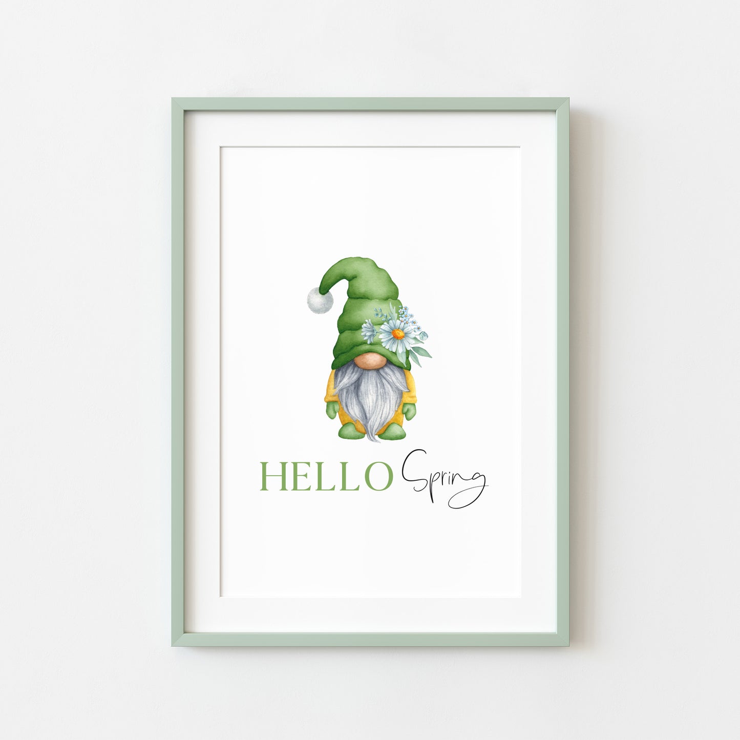 Hello spring yellow & green Daisy Gonk gnome seasonal spring wall art seasonal unframed poster print