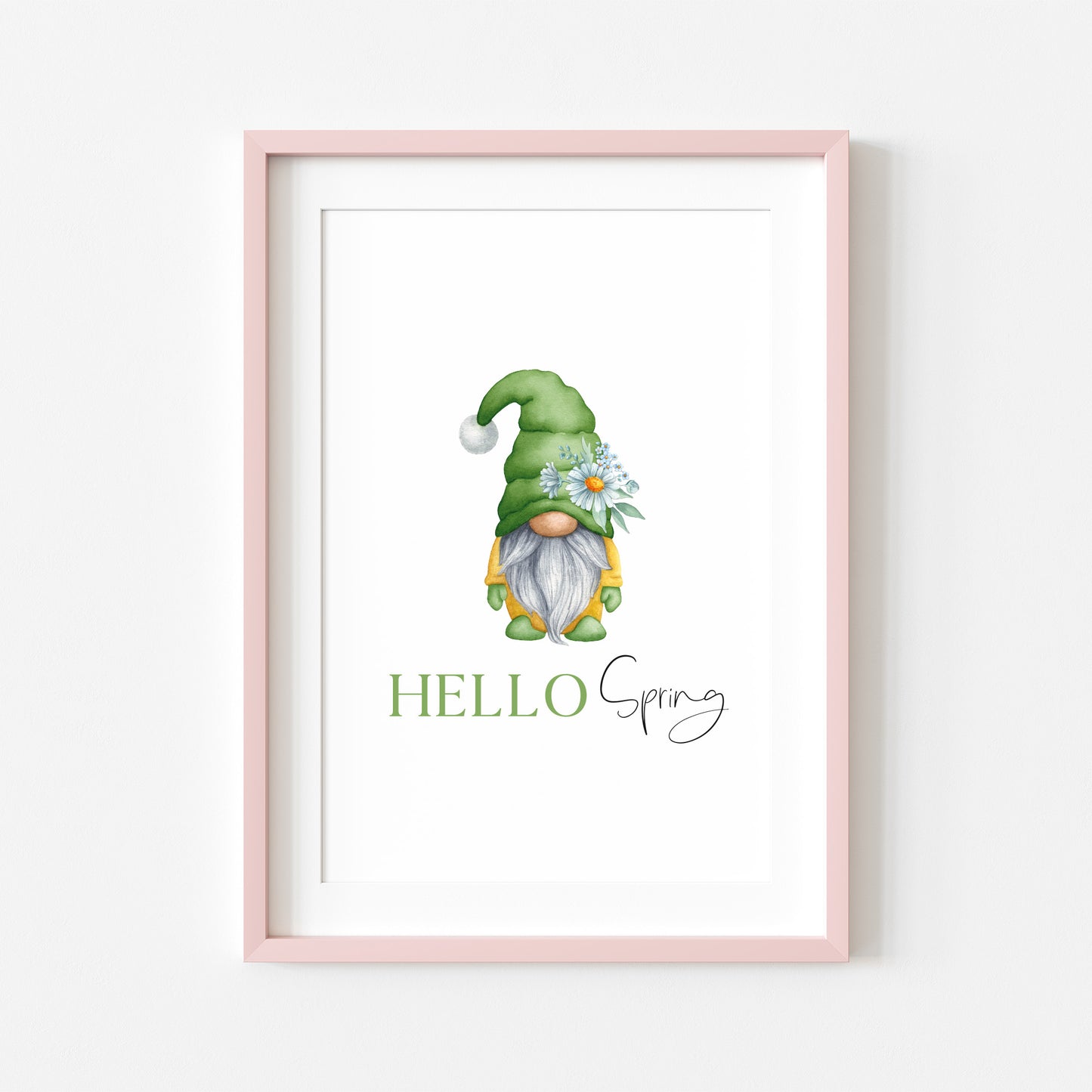 Hello spring yellow & green Daisy Gonk gnome seasonal spring wall art seasonal unframed poster print