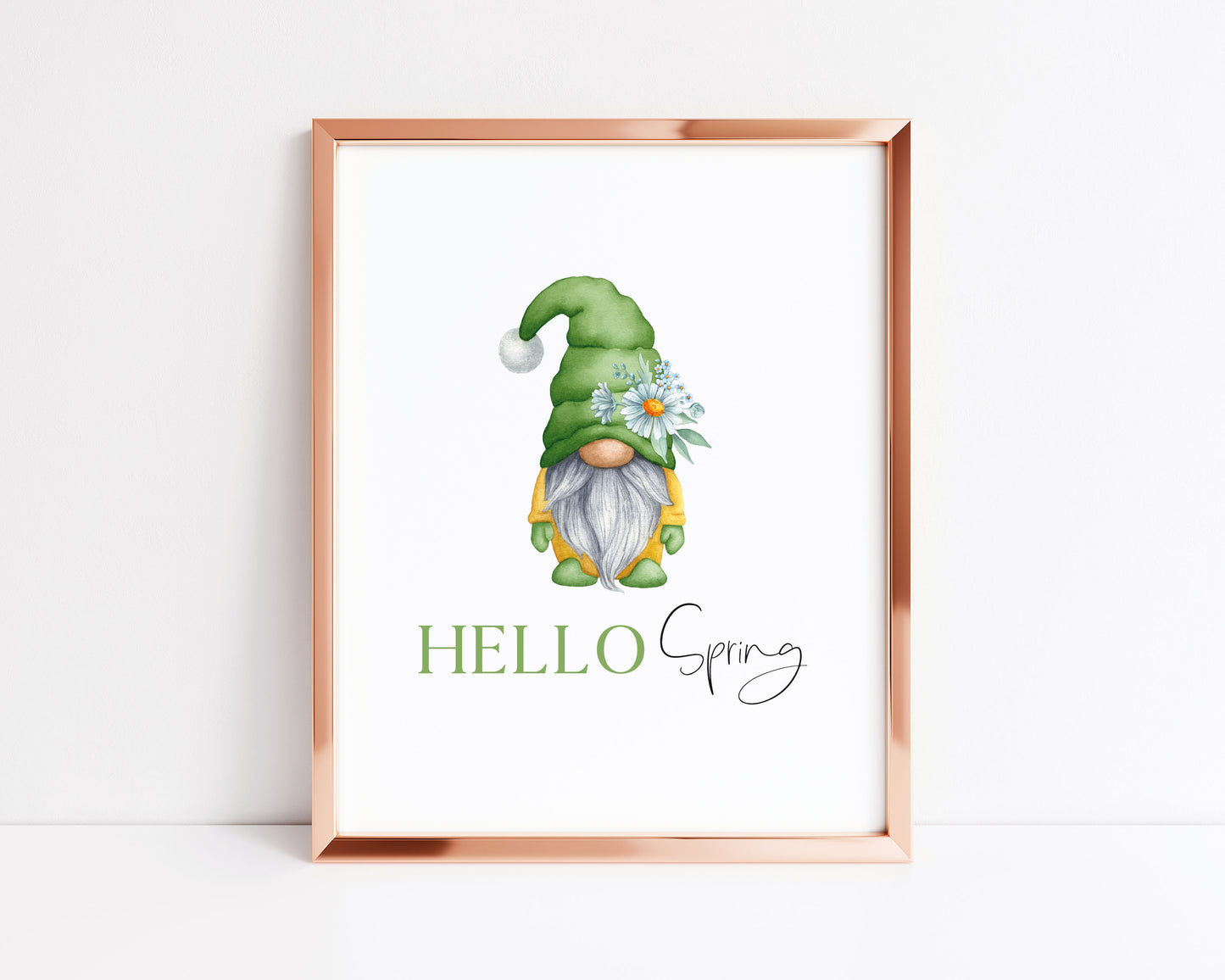 Hello spring yellow & green Daisy Gonk gnome seasonal spring wall art seasonal unframed poster print