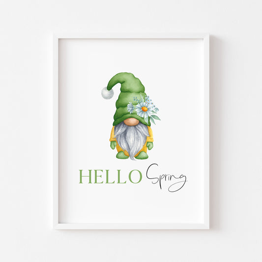 Hello spring yellow & green Daisy Gonk gnome seasonal spring wall art seasonal unframed poster print