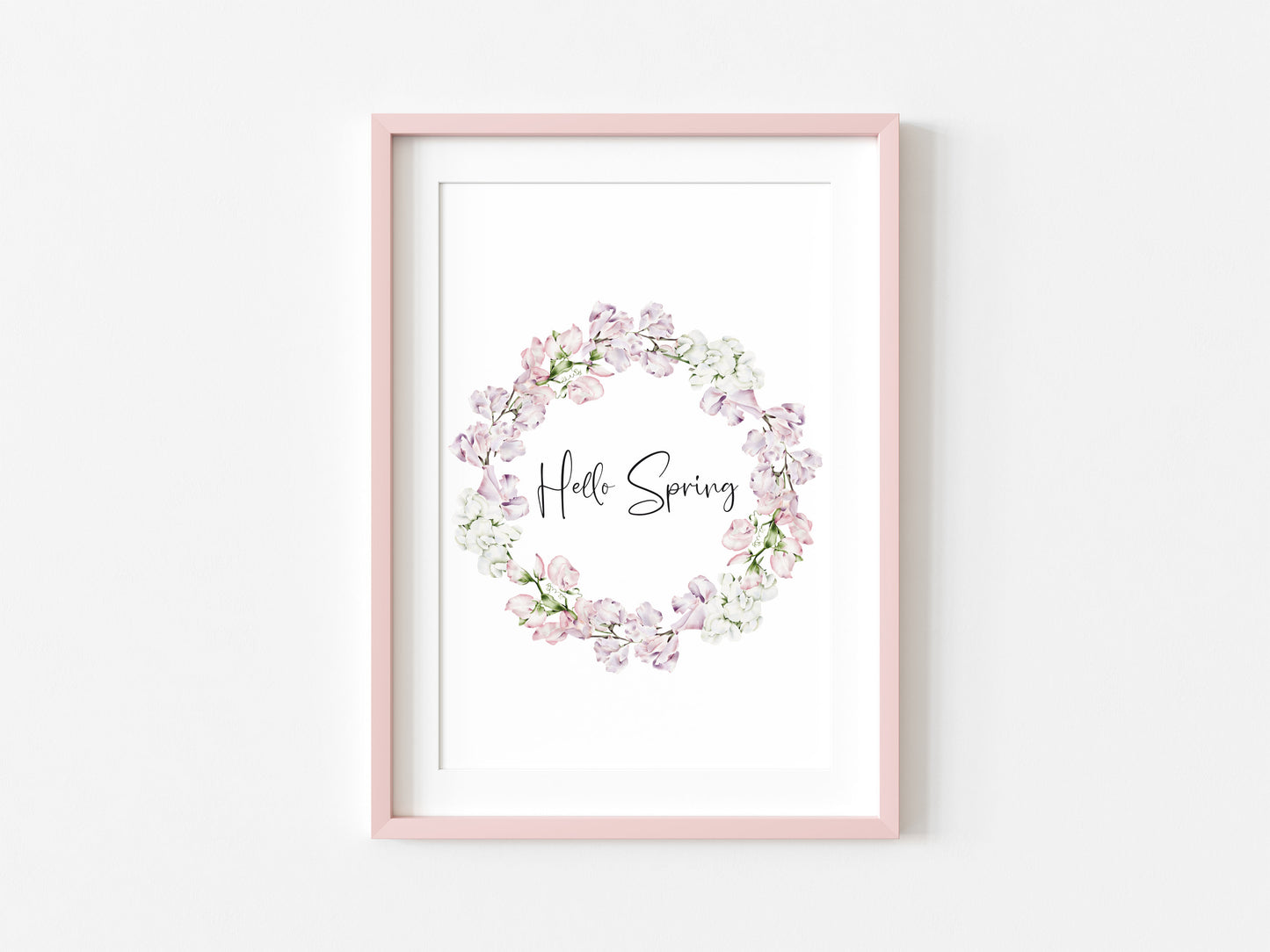 Hello spring light pink floral wreath bouquet illustration unframed wall art poster print