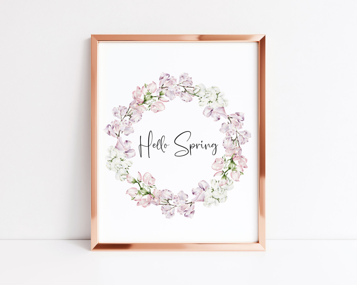 Hello spring light pink floral wreath bouquet illustration unframed wall art poster print