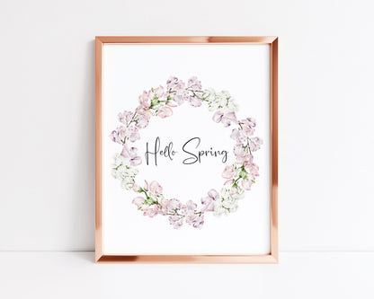 Hello spring light pink floral wreath bouquet illustration unframed wall art poster print