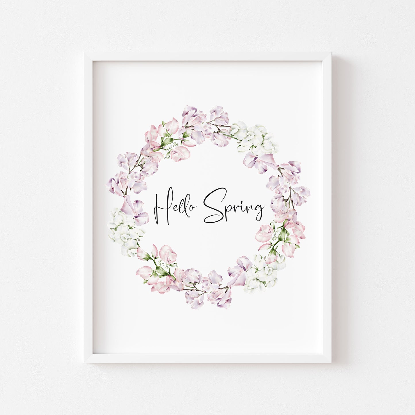 Hello spring light pink floral wreath bouquet illustration unframed wall art poster print