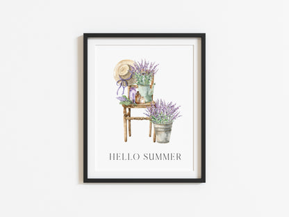 Hello summer lavender chair arrangement illustration unframed wall art poster print