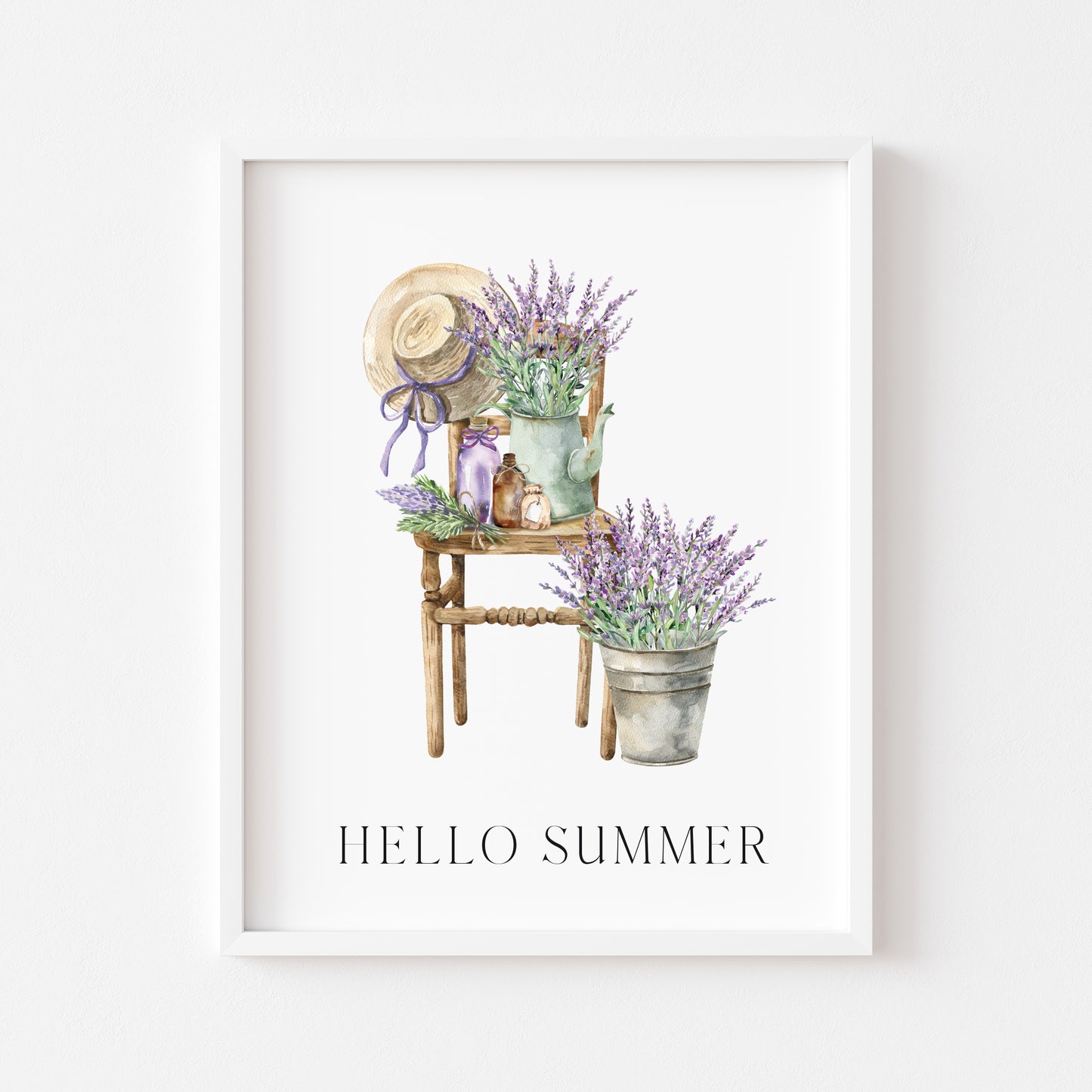 Hello summer lavender chair arrangement illustration unframed wall art poster print