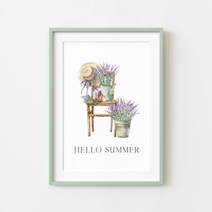 Hello summer lavender chair arrangement illustration unframed wall art poster print