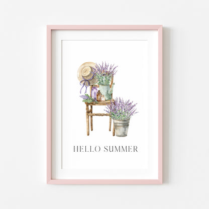 Hello summer lavender chair arrangement illustration unframed wall art poster print