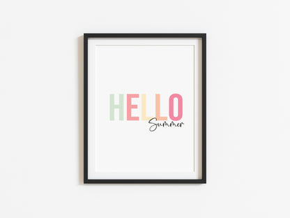 Hello summer multi colour summer home wall art typography unframed poster print