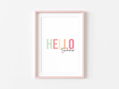 Hello summer multi colour summer home wall art typography unframed poster print