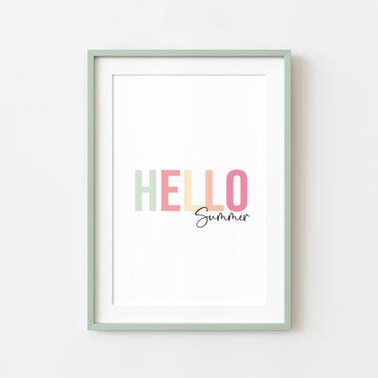 Hello summer multi colour summer home wall art typography unframed poster print