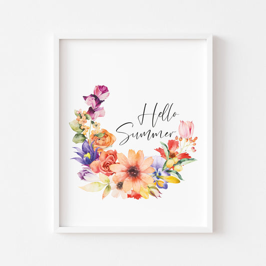 Hello summer multi colour watercolour floral wreath illustration unframed wall art poster print