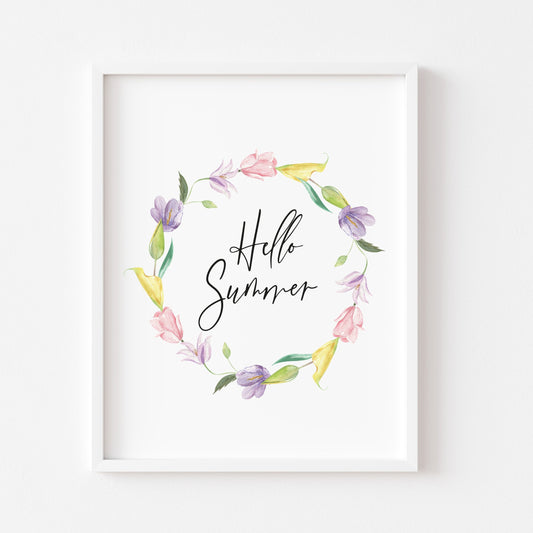 Hello summer purple, yellow floral wreath typography unframed print