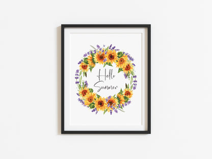 Hello Summer watercolour sunflower, and lavender wreath home wall art unframed poster print