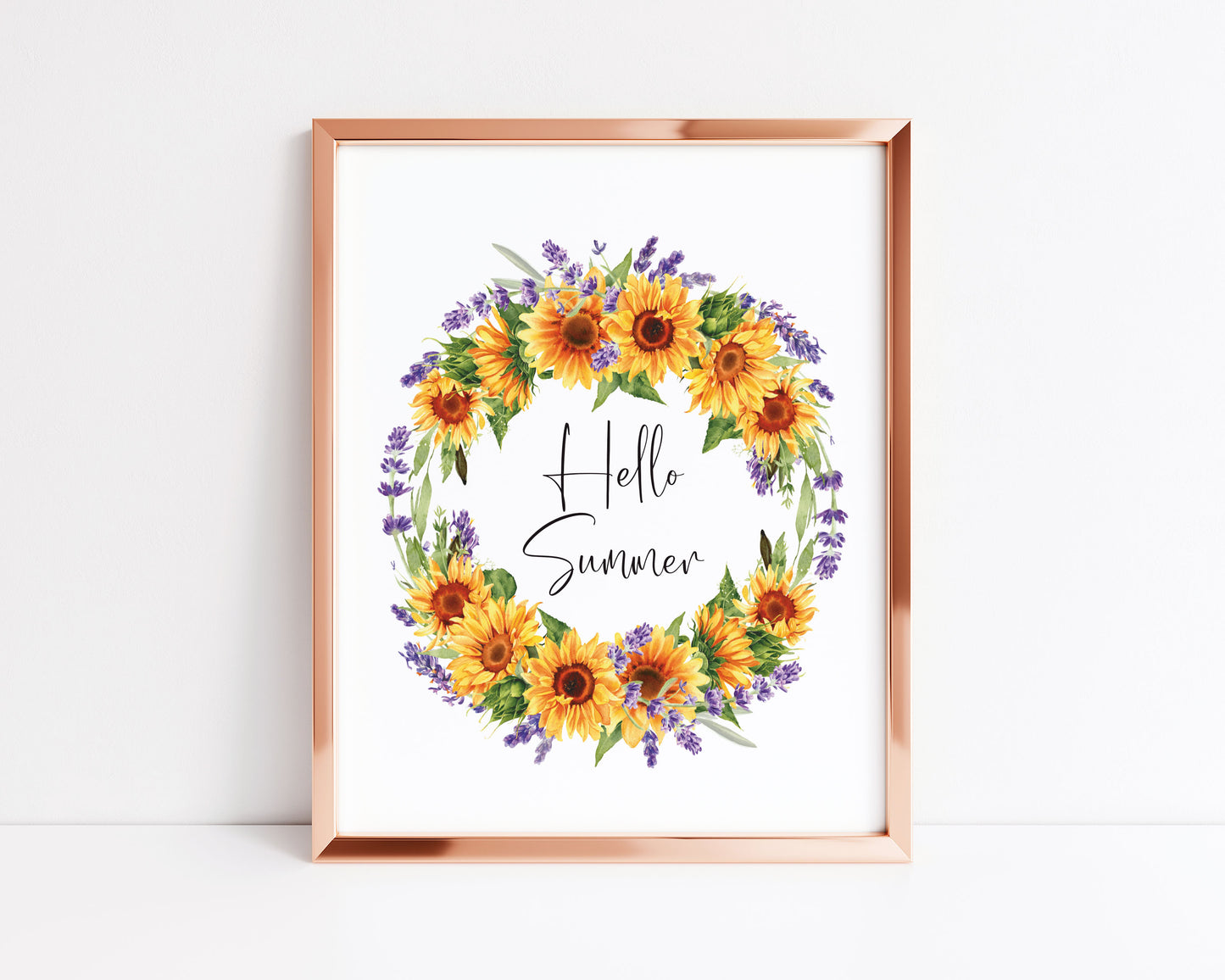 Hello Summer watercolour sunflower, and lavender wreath home wall art unframed poster print