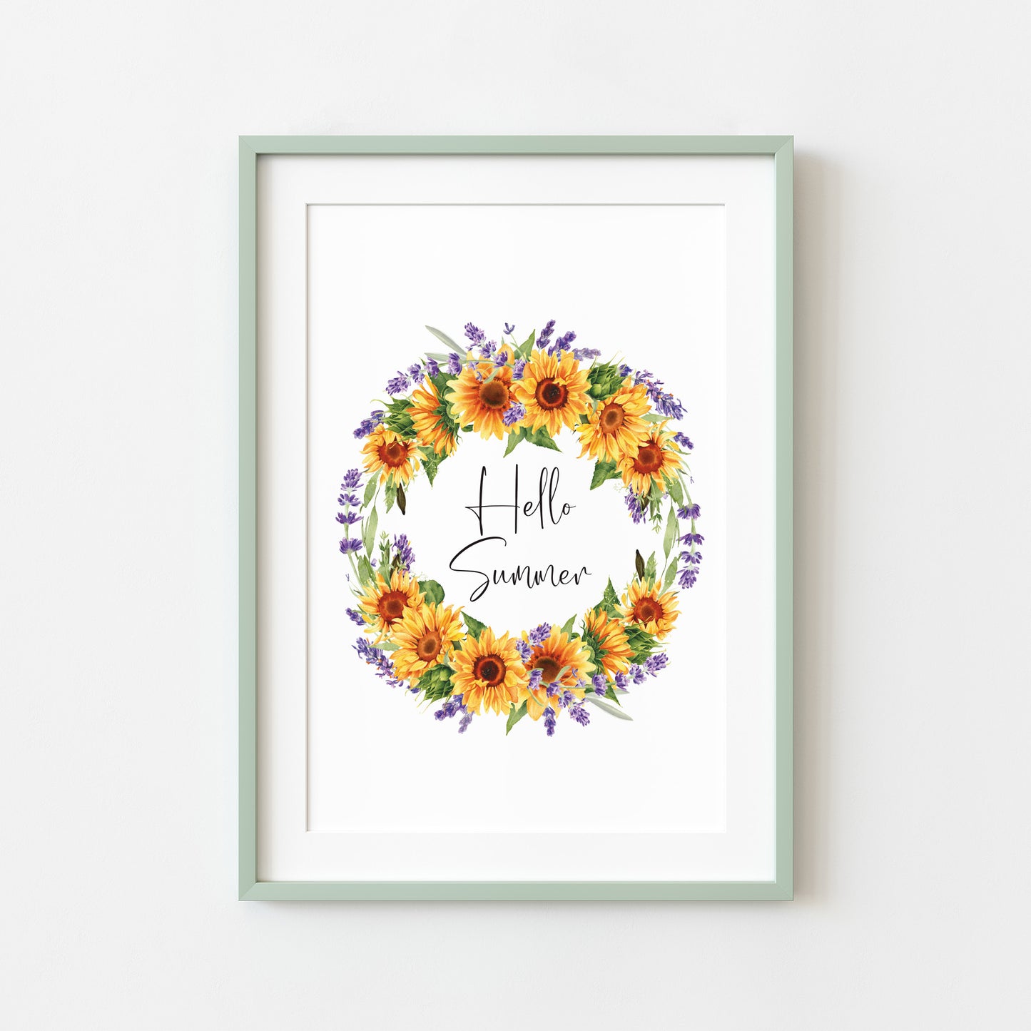 Hello Summer watercolour sunflower, and lavender wreath home wall art unframed poster print