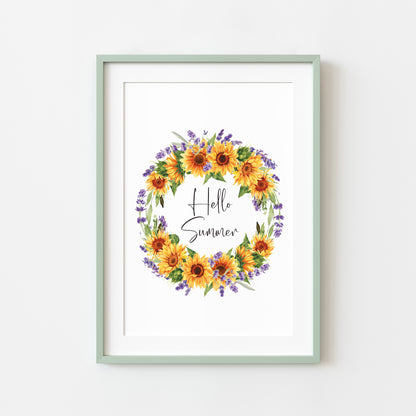 Hello Summer watercolour sunflower, and lavender wreath home wall art unframed poster print