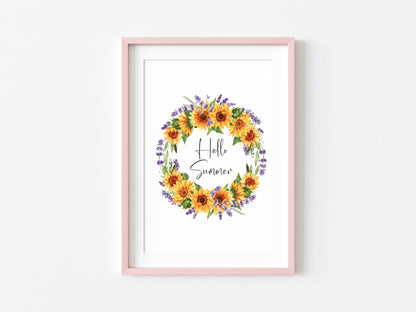 Hello Summer watercolour sunflower, and lavender wreath home wall art unframed poster print