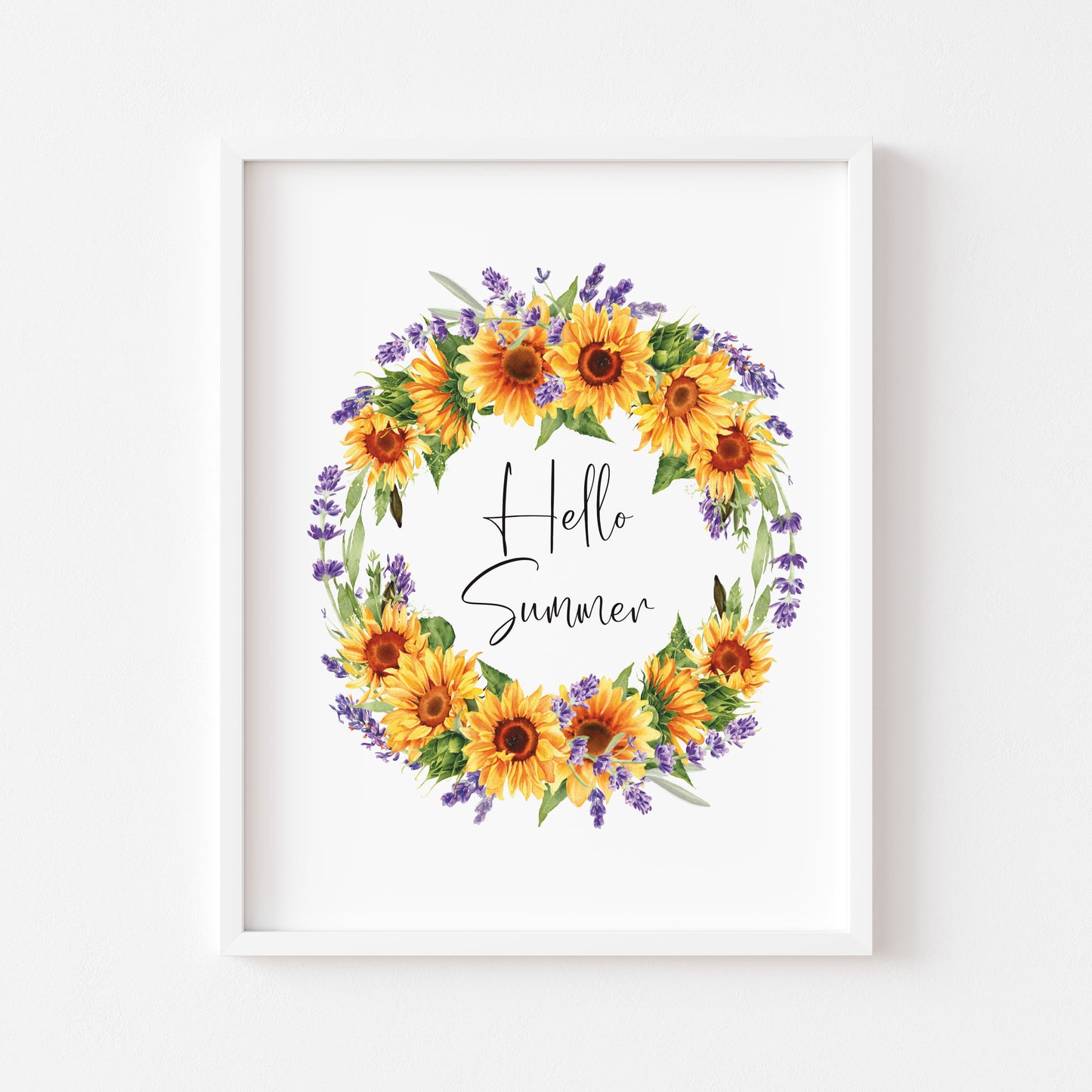 Hello Summer watercolour sunflower, and lavender wreath home wall art unframed poster print