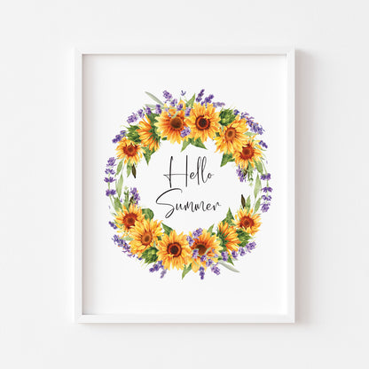 Hello Summer watercolour sunflower, and lavender wreath home wall art unframed poster print